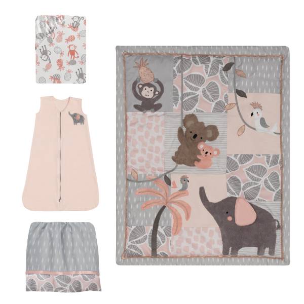 Lambs & Ivy Calypso Pink/Gray Koala, Elephant & Monkey Nursery 4-Piece Baby Crib Bedding Set