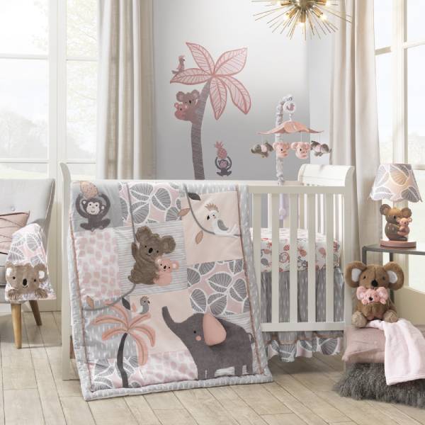 Lambs & Ivy Calypso Pink/Gray Koala, Elephant & Monkey Nursery 4-Piece Baby Crib Bedding Set