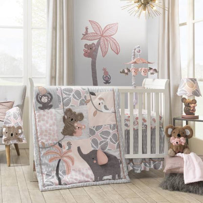 Lambs & Ivy Calypso Pink/Gray Koala, Elephant & Monkey Nursery 4-Piece Baby Crib Bedding Set