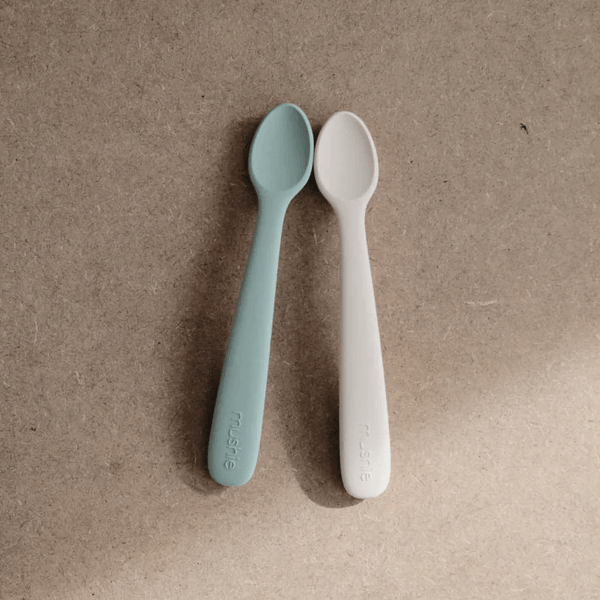 Mushie Silicone Feeding Spoons (Cambridge Blue/Shifting Sand) 2-Pack