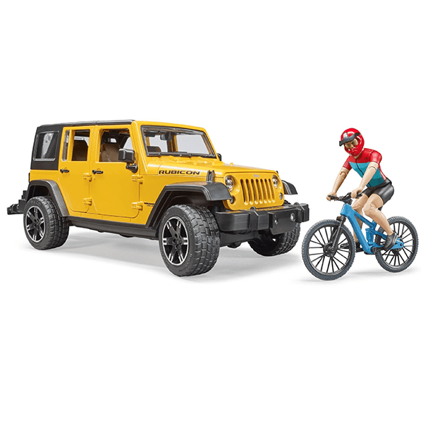 Discontinued Bruder Jeep Wrangler Rubicon Unlimited with Mountain Bike and Cyclist